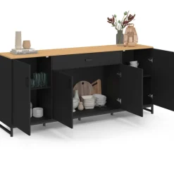 Buffet XXL 180 cm style industriel 4 portes et 1 tiroir noir et bois