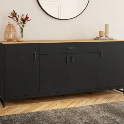 Buffet XXL 180 cm style industriel 4 portes et 1 tiroir noir et bois