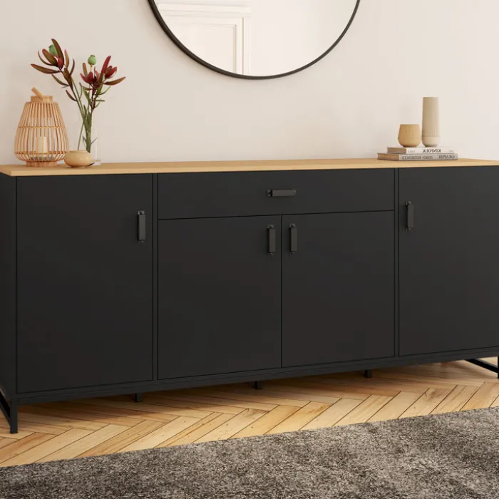Buffet XXL 180 cm style industriel 4 portes et 1 tiroir noir et bois