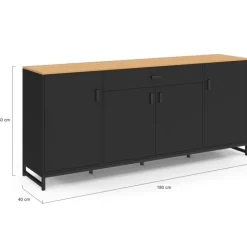 Buffet XXL 180 cm style industriel 4 portes et 1 tiroir noir et bois