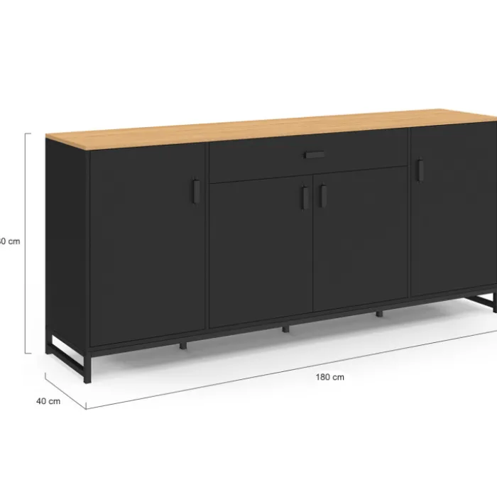 Buffet XXL 180 cm style industriel 4 portes et 1 tiroir noir et bois