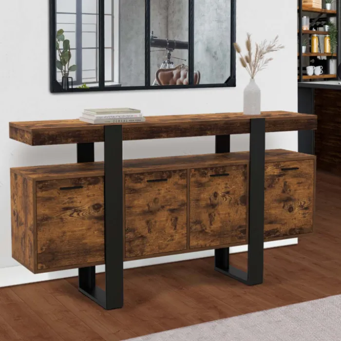 Buffet XXL 4 portes bois effet vieilli et noir 160 cm
