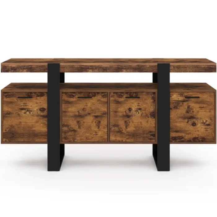 Buffet XXL 4 portes bois effet vieilli et noir 160 cm