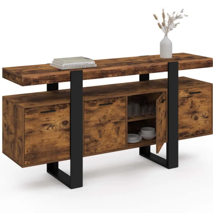 Buffet XXL 4 portes bois effet vieilli et noir 160 cm