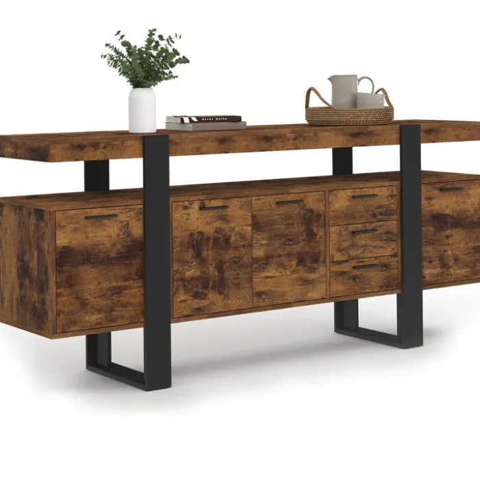 Buffet XXL bois et noir à l’effet vieilli de 180 cm avec 4 portes et 3 tiroirs