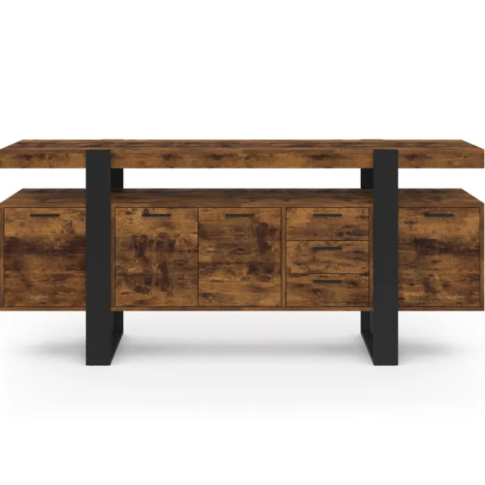 Buffet XXL bois et noir à l’effet vieilli de 180 cm avec 4 portes et 3 tiroirs