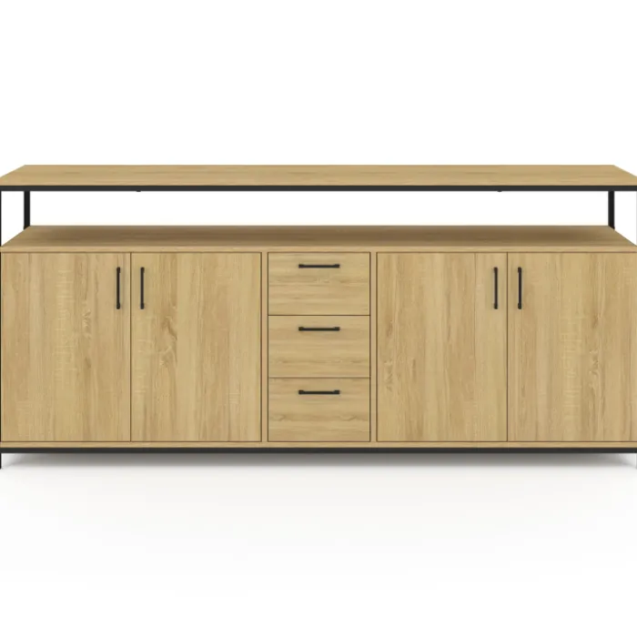 Buffet XXL bois et noir style industriel 180 cm 4 portes et tiroirs