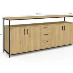 Buffet XXL bois et noir style industriel 180 cm 4 portes et tiroirs