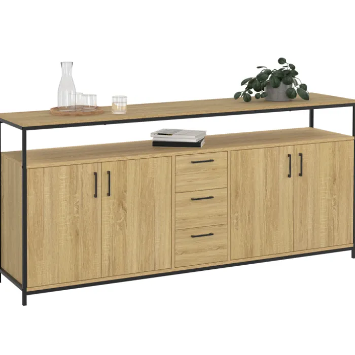 Buffet XXL bois et noir style industriel 180 cm 4 portes et tiroirs