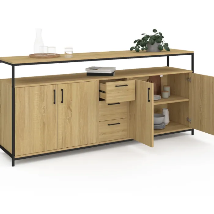 Buffet XXL bois et noir style industriel 180 cm 4 portes et tiroirs