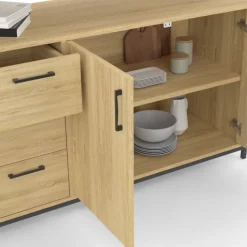 Buffet XXL bois et noir style industriel 180 cm 4 portes et tiroirs