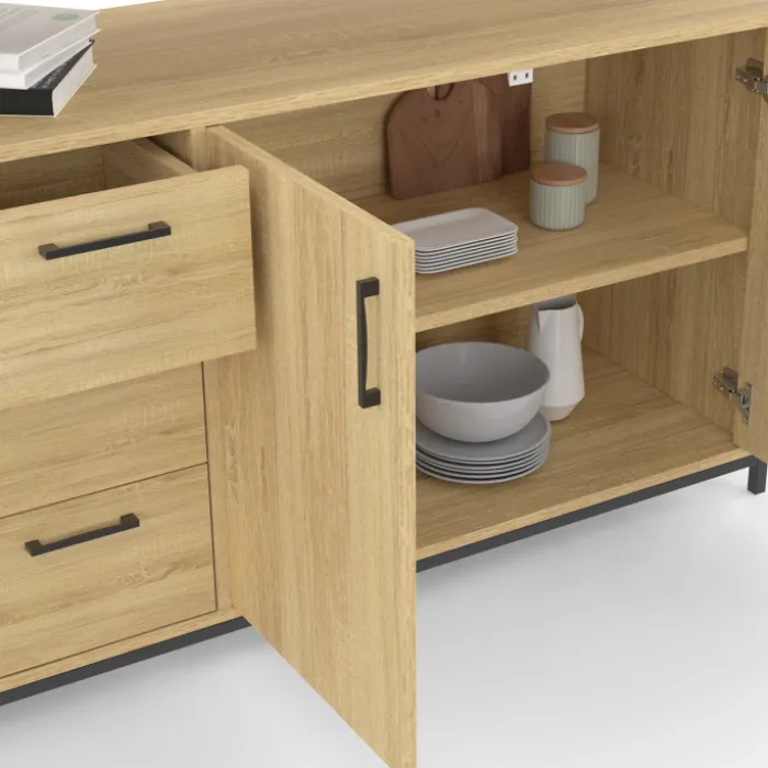 Buffet XXL bois et noir style industriel 180 cm 4 portes et tiroirs