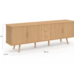 Buffet XXL de 180 cm avec 4 portes et 3 tiroirs à l’effet lattes et tasseaux en bois coloris chêne