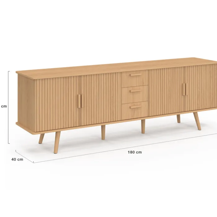 Buffet XXL de 180 cm avec 4 portes et 3 tiroirs à l’effet lattes et tasseaux en bois coloris chêne