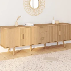 Buffet XXL de 180 cm avec 4 portes et 3 tiroirs à l’effet lattes et tasseaux en bois coloris chêne