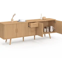 Buffet XXL de 180 cm avec 4 portes et 3 tiroirs à l’effet lattes et tasseaux en bois coloris chêne