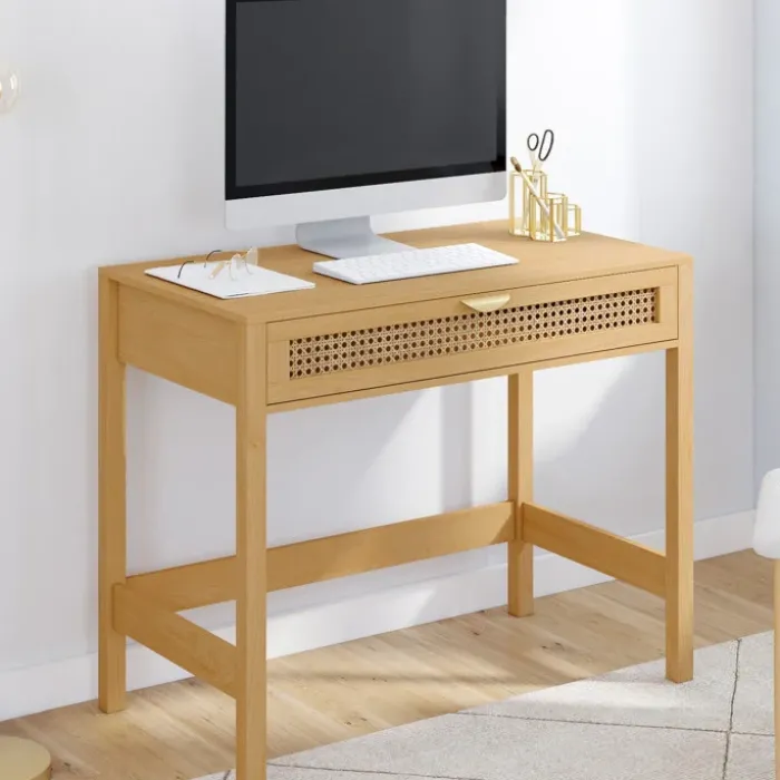 Bureau 1 tiroir bois et cannage 90*50