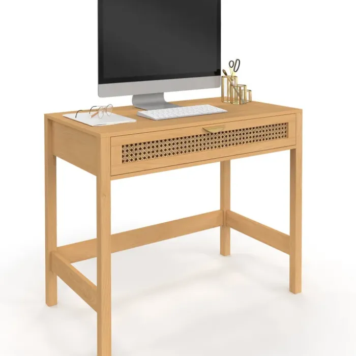 Bureau 1 tiroir bois et cannage 90*50