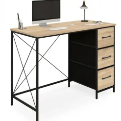 Bureau 3 tiroirs design industriel 100 cm en tissu bois et noir