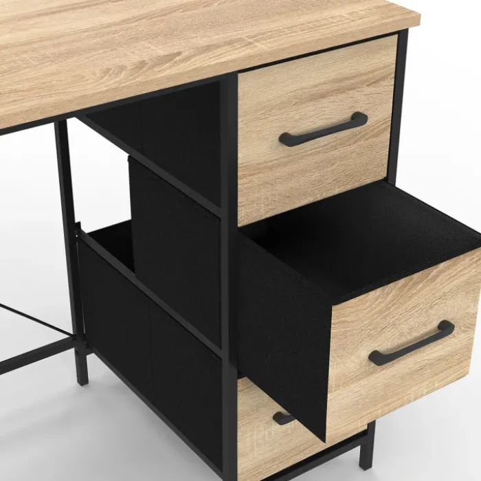 Bureau 3 tiroirs design industriel 100 cm en tissu bois et noir