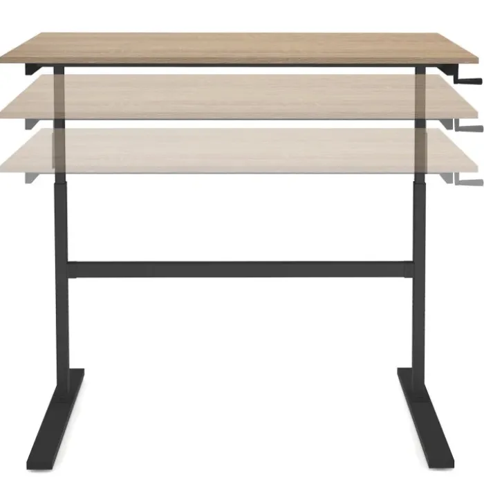 Bureau assis debout à manivelle hauteur réglable 70 - 120 cm bois façon hêtre et noir