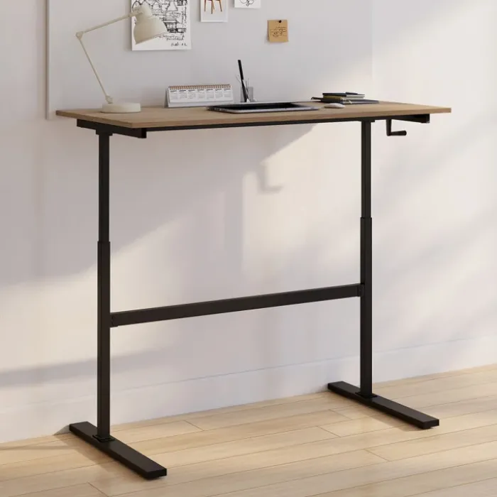 Bureau assis debout à manivelle hauteur réglable 70 - 120 cm bois façon hêtre et noir