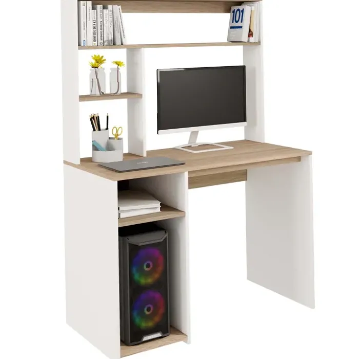 Bureau avec rangements blanc et bois façon hêtre