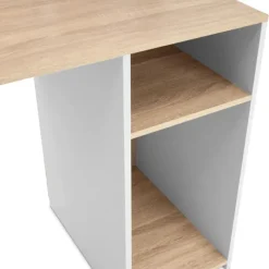 Bureau avec rangements blanc et bois façon hêtre