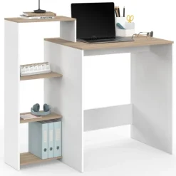 Bureau avec étagères modulables latérales bois façon hêtre et blanc