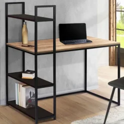 Bureau avec étagères style industriel en bois et métal noir