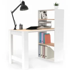 Bureau bibliothèque bois façon hêtre et blanc