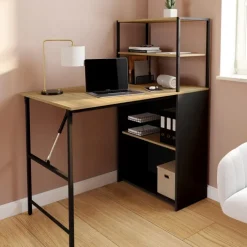 Bureau bibliothèque pliable plateau rabattable bois façon hêtre et noir