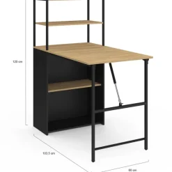 Bureau bibliothèque pliable plateau rabattable bois façon hêtre et noir