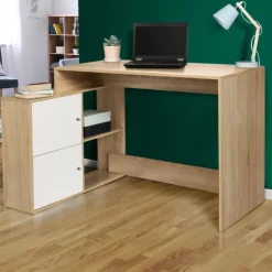 Bureau d’angle avec rangement bois imitation hêtre et blanc