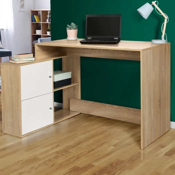Bureau d’angle avec rangement bois imitation hêtre et blanc