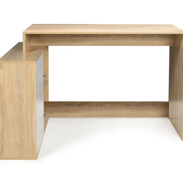 Bureau d’angle avec rangement bois imitation hêtre et blanc