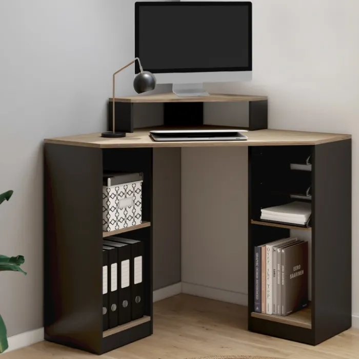Bureau d'angle avec rangements noir et façon hêtre