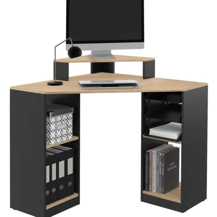 Bureau d'angle avec rangements noir et façon hêtre