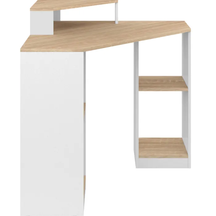 Bureau d'angle avec rangements blanc et façon hêtre