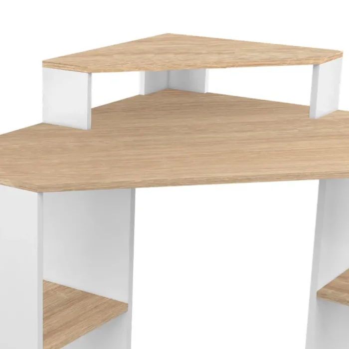 Bureau d'angle avec rangements blanc et façon hêtre