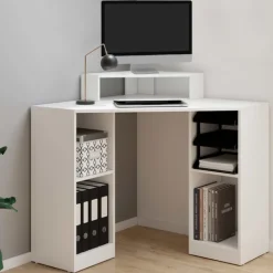 Bureau d’angle blanc avec rangement
