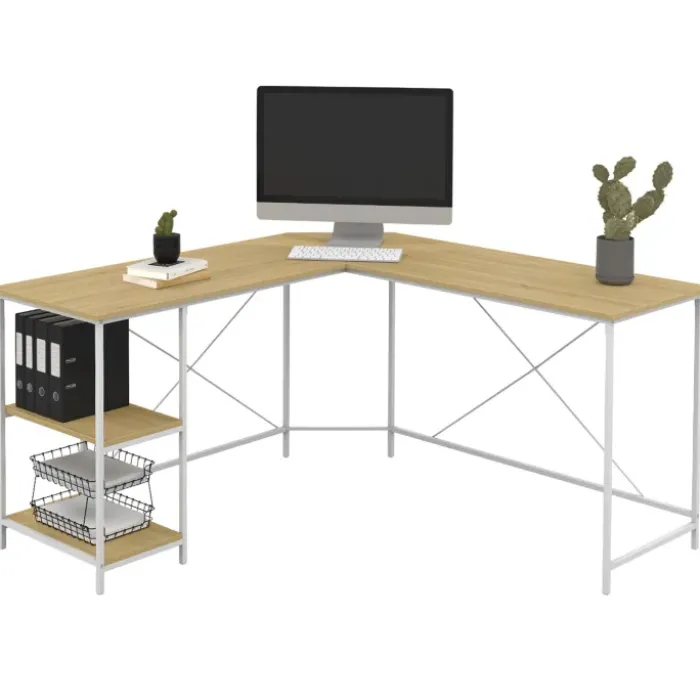 Bureau d'angle en bois et métal blanc en forme de L