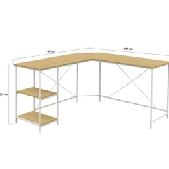 Bureau d'angle en bois et métal blanc en forme de L