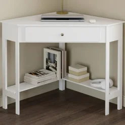 Bureau d'angle gain de place bureau informatique blanc avec rangements et 1 tiroir