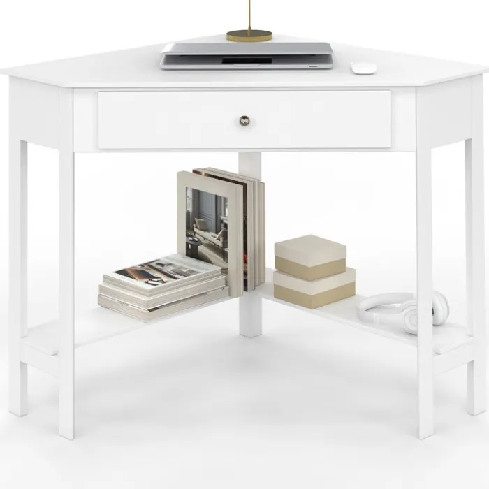 Bureau d'angle gain de place bureau informatique blanc avec rangements et 1 tiroir