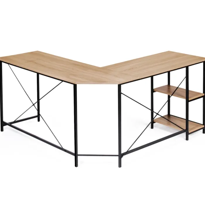 Bureau d’angle industriel avec étagère bois et métal