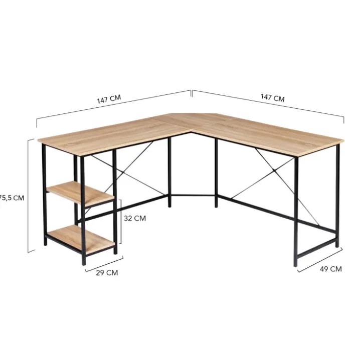 Bureau d’angle industriel avec étagère bois et métal