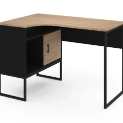 Bureau d’angle industriel métal noir et bois façon hêtre