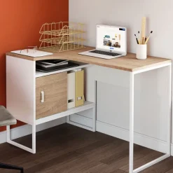 Bureau d’angle industriel métal blanc et bois façon hêtre