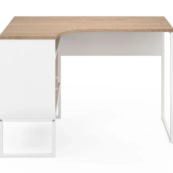 Bureau d’angle industriel métal blanc et bois façon hêtre